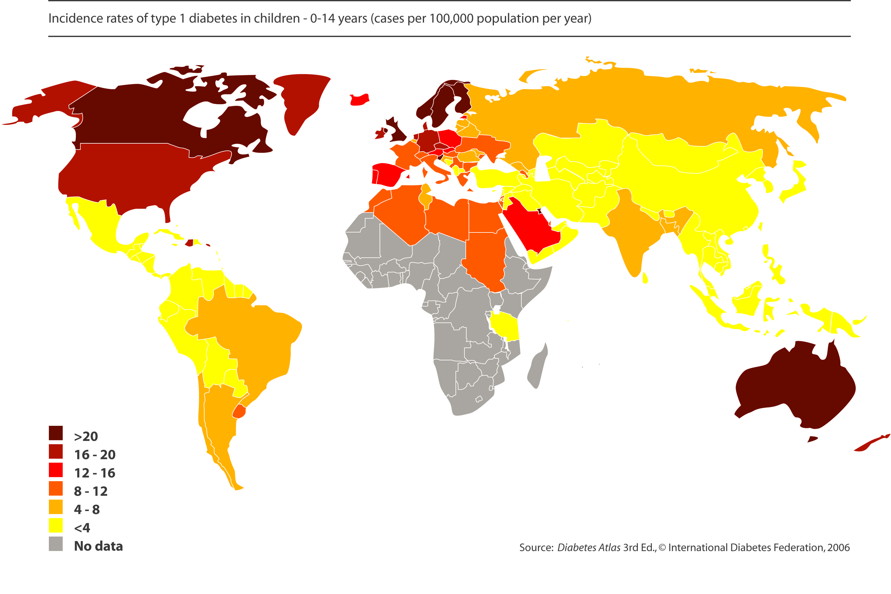 Mappa dell'incidenza del diabete di tipo I in età pediatrica