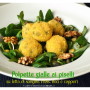 Polpette gialle ai piselli su letto di songino, mais, noci e capperi