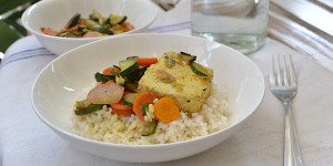 Riso semi integrale con verdure e tofu al curry